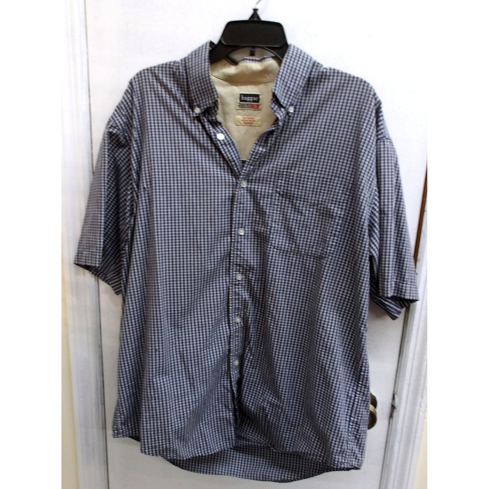 Haggar Forever New Button Down Shirt Navy Plaid Regular Fit Lg/#26374
